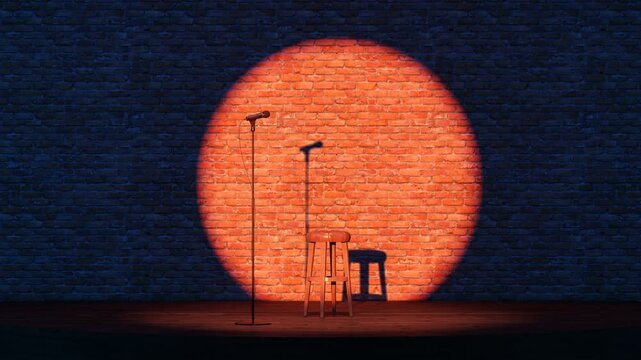 Empty stand-up stage with a microphone and spotlights. An empty stage with bricks on background.  