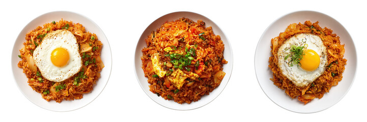 Top View of Delicious Asian Fried Rice Bowls with Egg and Vegetables Isolated on Transparent Background