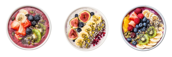 Top View of Colorful Smoothie Bowls with Fresh Fruits and Toppings Isolated on Transparent Background