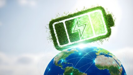 Sustainable green energy battery icon floating above a glowing global network