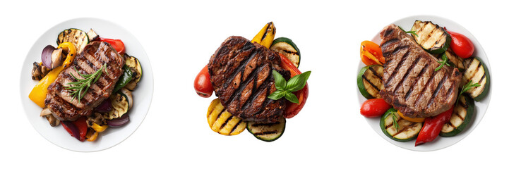 Top View of Grilled Steak with Colorful Vegetables Isolated on Transparent Background