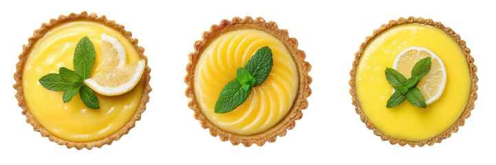 Top View of Delightful Lemon Tart with Mint Garnish Isolated on Transparent Background