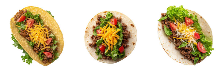 Top View of Colorful Tacos with Fresh Ingredients Isolated on Transparent Background