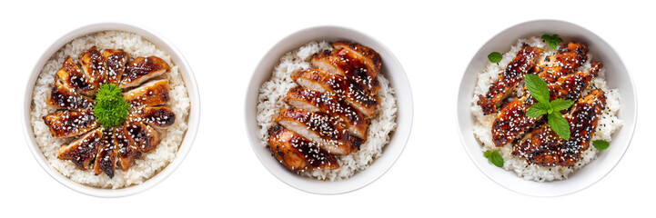 Top View of Delicious Grilled Chicken Bowls with Rice and Fresh Herbs Isolated on Transparent Background
