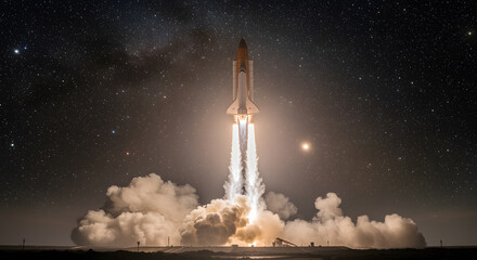 Space shuttle launching at night with starry sky rocket