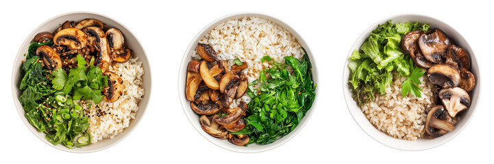 Top View of Gourmet Rice Bowls with Fresh Vegetables and Saut&eacute;ed Mushrooms Isolated on Transparent Background