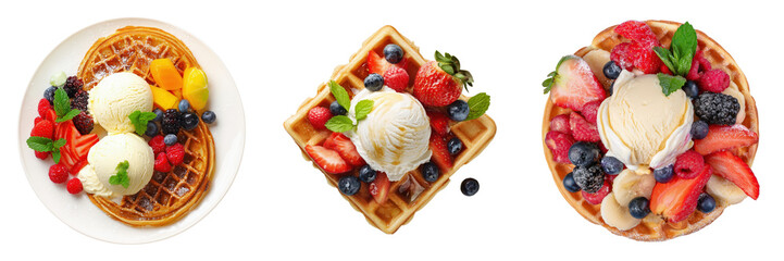 Top View of Delicious Waffles with Ice Cream and Fresh Fruit Arrangements Isolated on Transparent Background