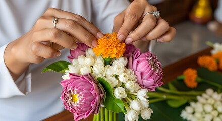 Close-up of woman's hands arranging fresh flowers for offering in a temple. Concept of devotion, religious ritual, spiritual practice, cultural tradition, and ceremonial preparation.