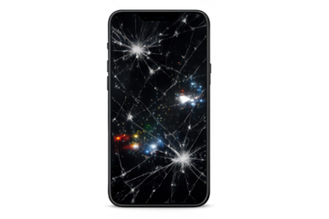 Broken phone screen mockup displaying transparent background image.