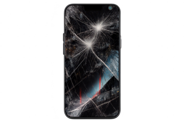 Shattered Phone Screen with transparent background, digital device.