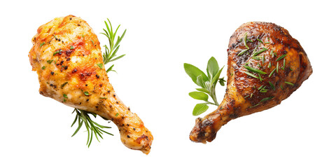 Deliciously Grilled Chicken Drumsticks with Fresh Herbs Isolated on Transparent Background