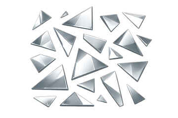 Shiny silver triangles on transparent background, geometric design art