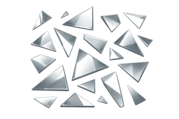 Shiny silver triangles on transparent background, geometric design art