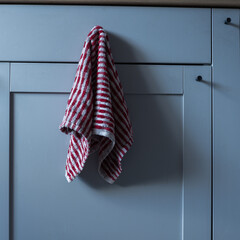 Kitchen cabinet door with a red and white striped towel hanging on the handle.