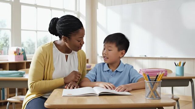 Engaging educational moment between a smiling woman and a young boy as they explore a book together, camera captures the interaction with a gentle zoom in