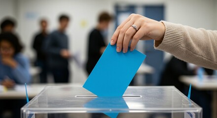 Obraz premium Hand putting a blue ballot paper into a ballot box in a voting station. Vote counts.