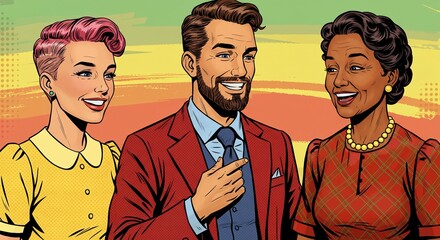 Group of three individuals, diverse in appearance, smiling and looking engaged in discussion.