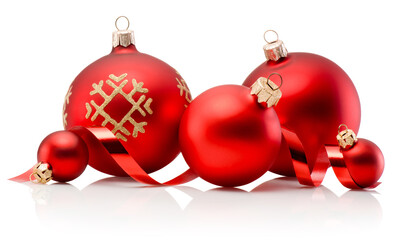 Christmas red decoration baubles and curling paper ribbon isolated on white background