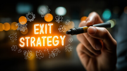 A hand holds a marker, writing EXIT