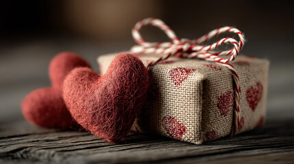A beautifully wrapped gift in burlap with red heart patterns, accompanied by two textured red hearts, creating a warm, loving atmosphere.