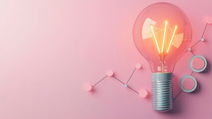 A creative light bulb with a glowing filament, symbolizing a bright idea on a pink background. There are lines and circles around to complete the innovation process.
