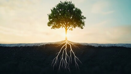 A lone tree showcasing a strong root system reaching into the ground with the sun in background