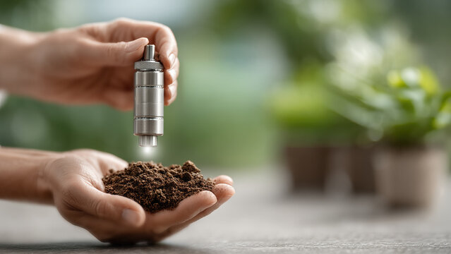 Professional hands inserting metallic soil sensor for precision agriculture - Powered by Adobe