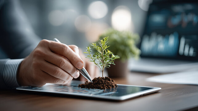 Agritech concept with hands and metallic probe for soil health