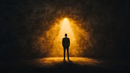 A man standing confidently beneath a spotlight, illuminated against a textured background. The scene evokes a sense of anticipation and focus