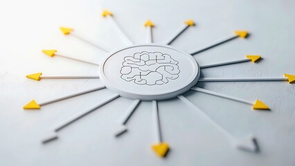 Brain symbol surrounded by multiple yellow arrows pointing outwards, representing ideas, strategy, and innovative thinking