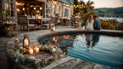 A romantic lakeside setting with candles, flowers, and warm lights reflecting in the water, creating an intimate Valentine’s Day ambience as a couple sits together