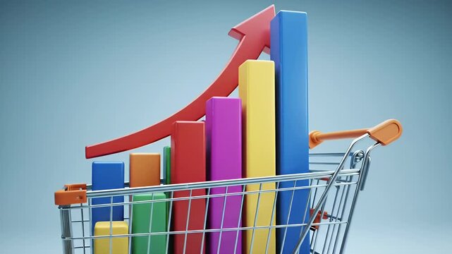 Colorful Bar Graph with Red Arrow in Shopping Cart on Blue Background