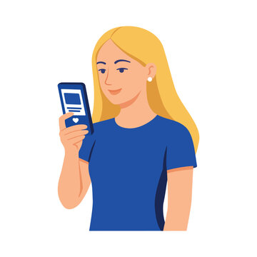 Young blonde woman using smartphone. Flat vector illustration of female character holding mobile phone and reading message or social media notification. 
