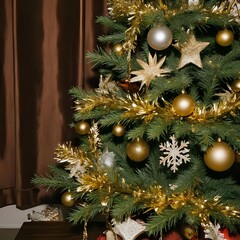 Full view of a Christmas tree on a desk with silver and gold decorations