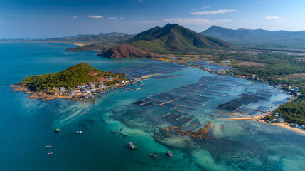 Aerial view of a shrimp farm and lobster aquaculture in front of Yen Island, Phu Yen, Vietnam.
