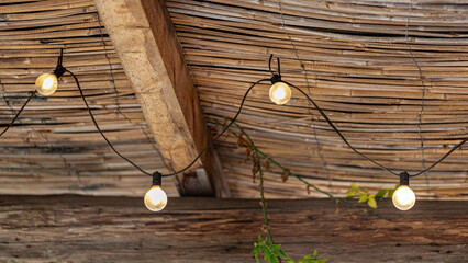 Decorative light bulbs on a rustic wicker ceiling