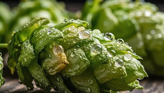 Closeup of fresh green hop cones covered in clear water droplets, macro photography of brewing ingredient