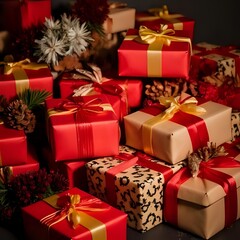 christmas presents on red background