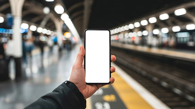 First person point of view of a hand holding a smartphone with a blank white mockup screen on a train station platform with blurred tracks and lights in the background at night - Powered by Adobe