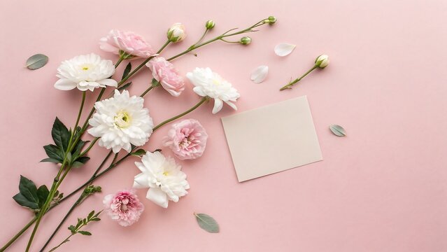 White and pink flowers on pastel pink background with paper card note