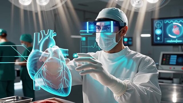 Surgeon using augmented reality headset to examine a holographic 3d model of a human heart during surgery simulation or procedure