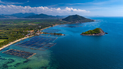 Aerial view of a shrimp farm and lobster aquaculture in front of Yen Island, Phu Yen, Vietnam.
