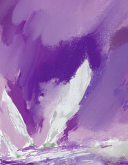 Impressionistic Scribbly Painting/Landscape of 3 Sailboats Up-close Approaching Shore w/Seawater Splashing-Digital Art, Illustration, Artwork-In Lavender, Purple, & White-w/paint & Canvas Texture