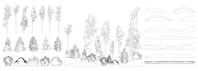 Obraz premium Contours elements of forest trees. Beautiful spruce trees, pine, bush, grass, hill. Vector illustration