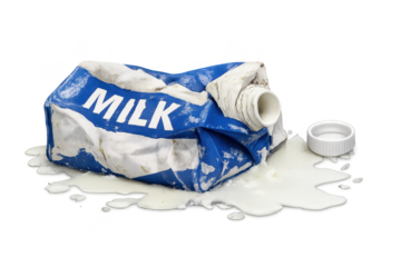 Spilled Milk Carton, Damaged Box on a transparent background in Studio