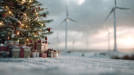 Christmas tree branches with gifts on snowy wind farm, turbines in background, concept of Christmas celebration in the industrial setting and environment.