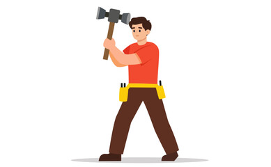 Worker with demolition hammer – wall breaking illustration