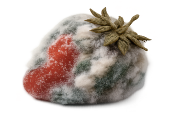 Moldy Strawberry on transparent background, rotten and decaying food.
