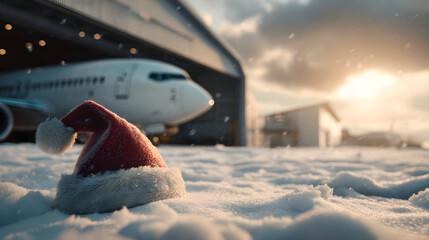 Santa Claus hat placed on snowy airport hangar with airplane nose and hangar doors in background. Concept of Christmas celebration blending with travel and aviation industry.