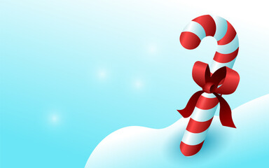 Minimalist Candy Cane with Bow on Snowy Background, Soft Winter Style